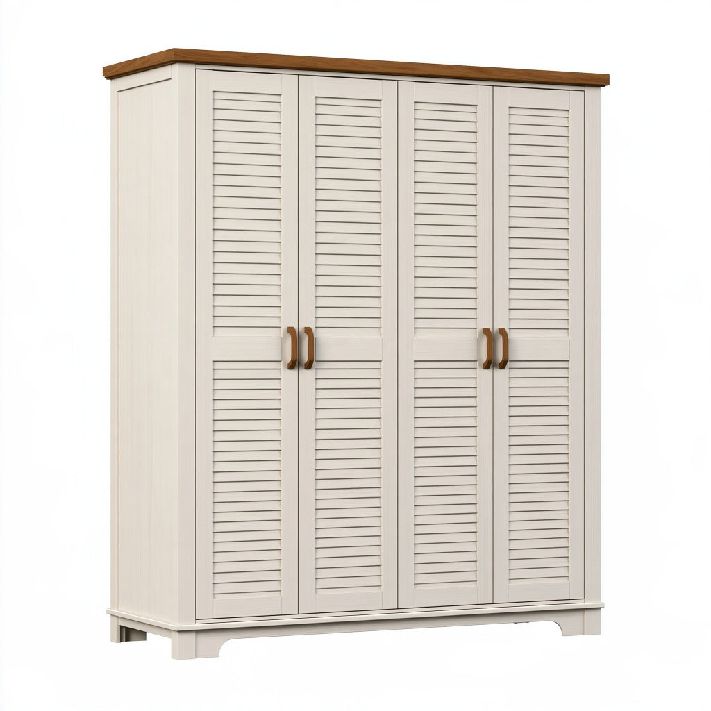 Kleiderschrank 180 x 60 x 200 cm aus Holz in Cremeweiß/Braun mit Lamellentüren im Landhausstil
