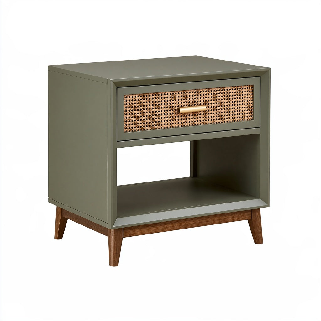 Nachttisch 50 x 40 x 60 cm Olivgrün Holz mit Rattanschublade im Mid-Century-Stil