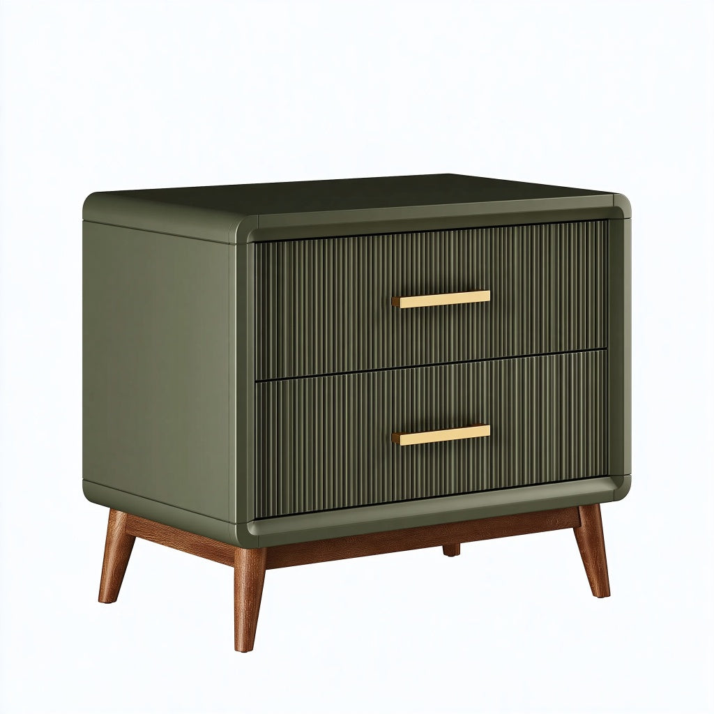 Nachttisch 60 x 40 x 60 cm Olivgrün Holz mit zwei Schubladen im Mid Century Stil