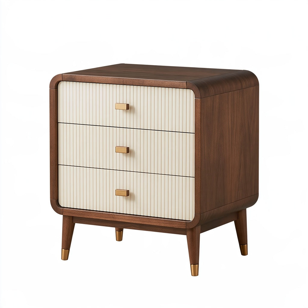 Nachttisch 60 x 45 x 65 cm in Walnussbraun/Creme - Holzwerkstoff mit drei Schubladen im Retro-Stil