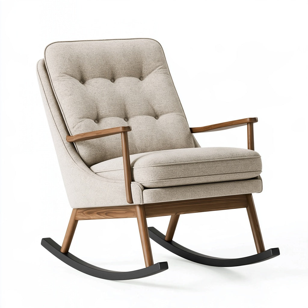 Schaukelstuhl 75 x 95 x 102 cm mit Stoffbezug in Beige und Holzarmlehnen