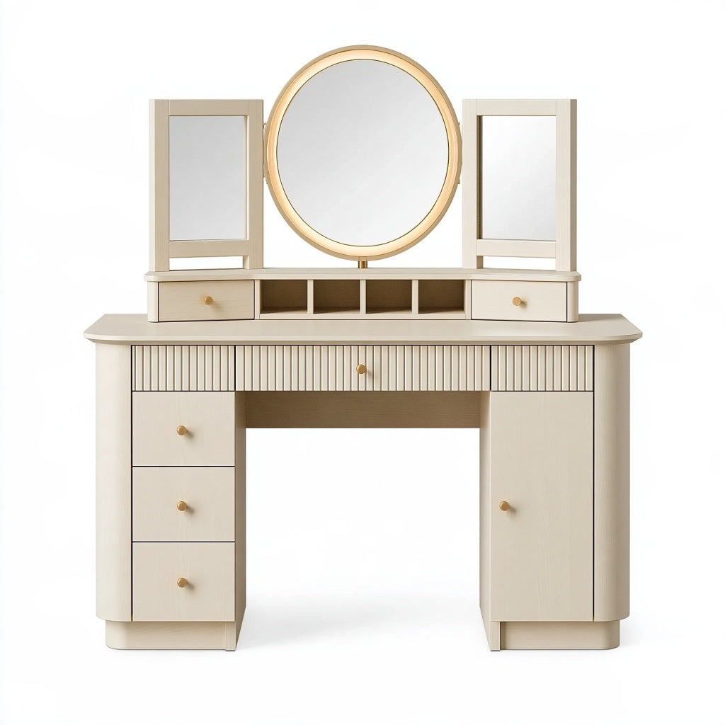 Schminktisch 120 x 45 x 145 cm Holzwerkstoff Beige mit Dreifachspiegel und Stauraum