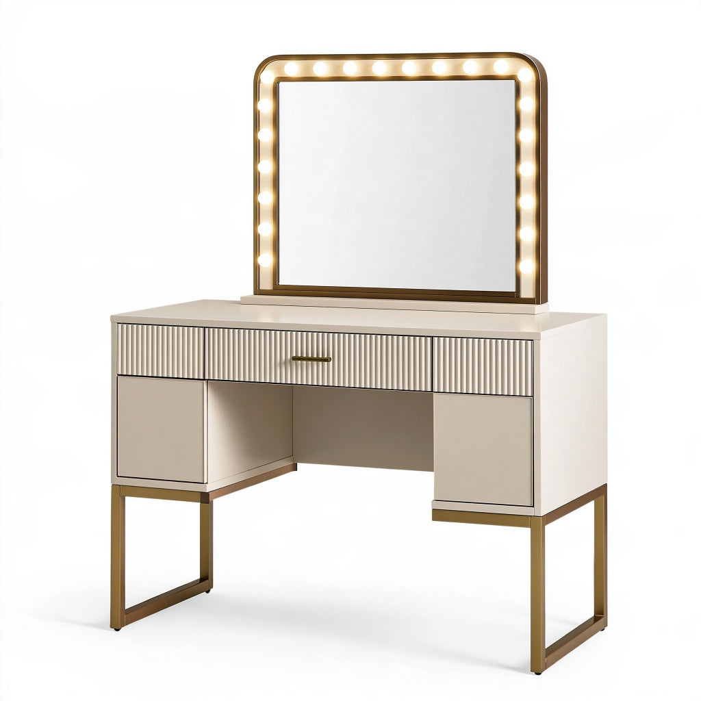 Schminktisch 100 x 45 x 145 cm Cremeweiß Gold Holzwerkstoff mit beleuchtetem Spiegel moderner Stil