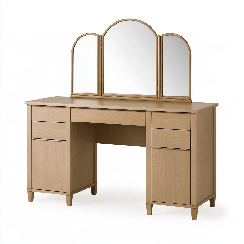 Schminktisch-Set 120 x 45 x 145 cm Holzwerkstoff Natur mit Dreifachspiegel im klassischen Stil