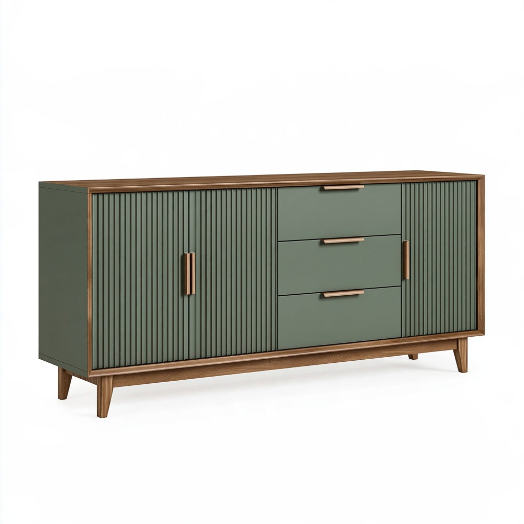 Sideboard 160 x 40 x 85 cm Grün Braun mit geriffelten Türen und Schubladen