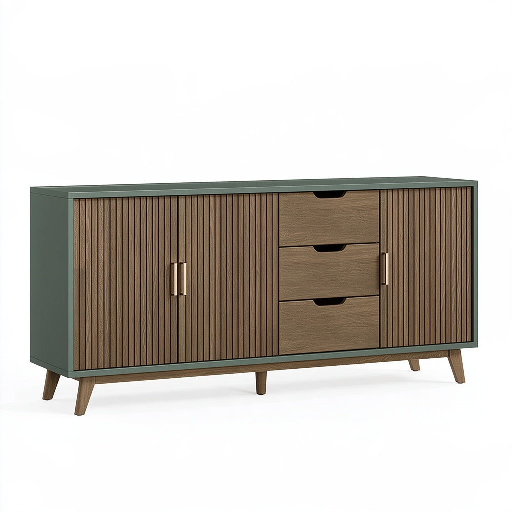 Sideboard 160 x 40 x 80 cm aus Holzwerkstoff Grün Braun mit Lamellentüren und Schubladen